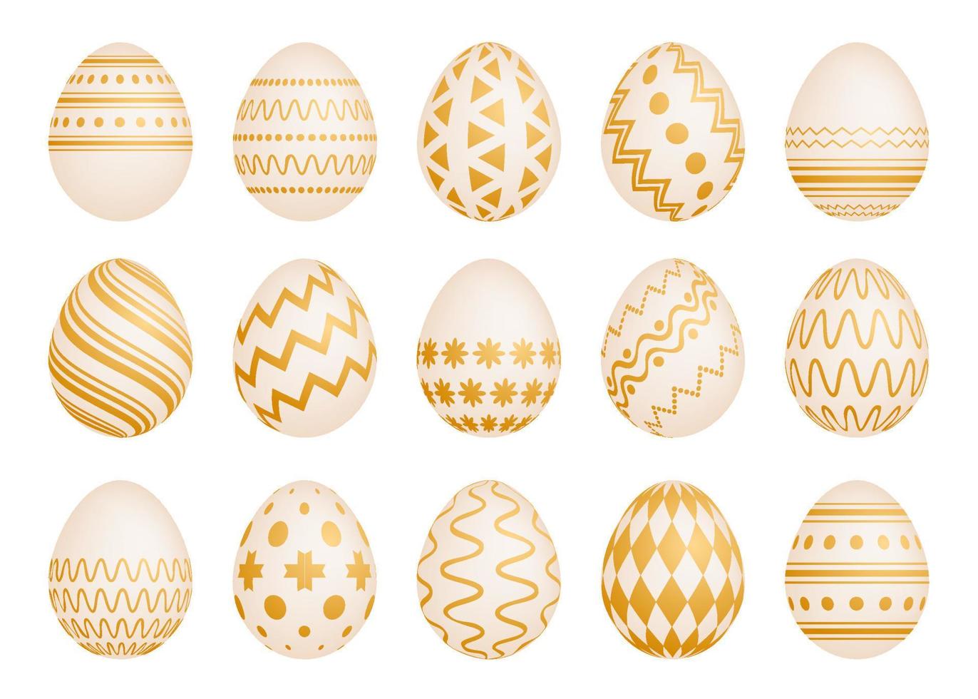 conjunto de quinze ovos de páscoa com textura de ouro sobre um fundo branco. ilustração vetorial vetor