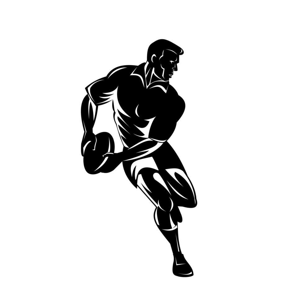 jogador de rugby passando a bola vista de frente xilogravura retrô em preto e branco vetor