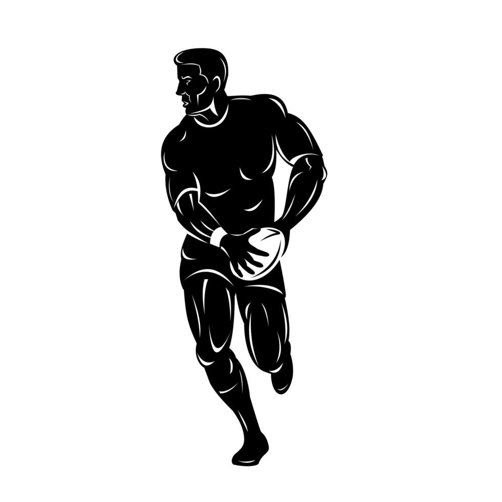 jogador de rúgbi correndo e passando bola vista de frente xilogravura retrô em preto e branco vetor