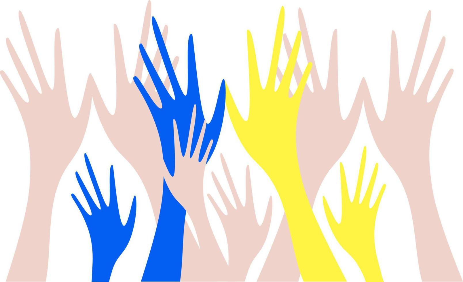 palmas humanas são levantadas. mãos de pele clara e mãos de cores amarelas e azuis. temas de nacionalidade e voluntariado. ajuda e escolhas. vetor