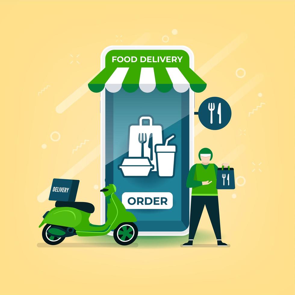 entregador segura uma sacola de comida com uma motocicleta. entrega de comida online no aplicativo móvel. vetor