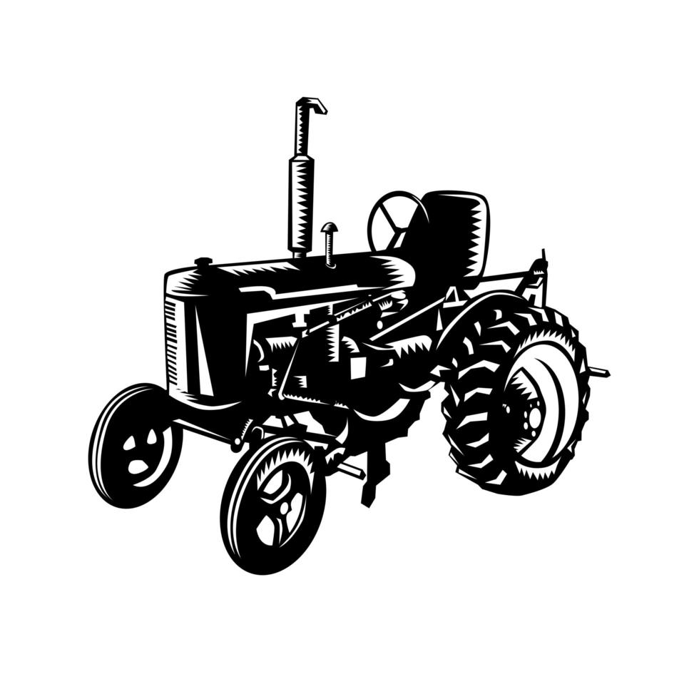 Trator fazenda retro xilogravura em preto e branco vetor
