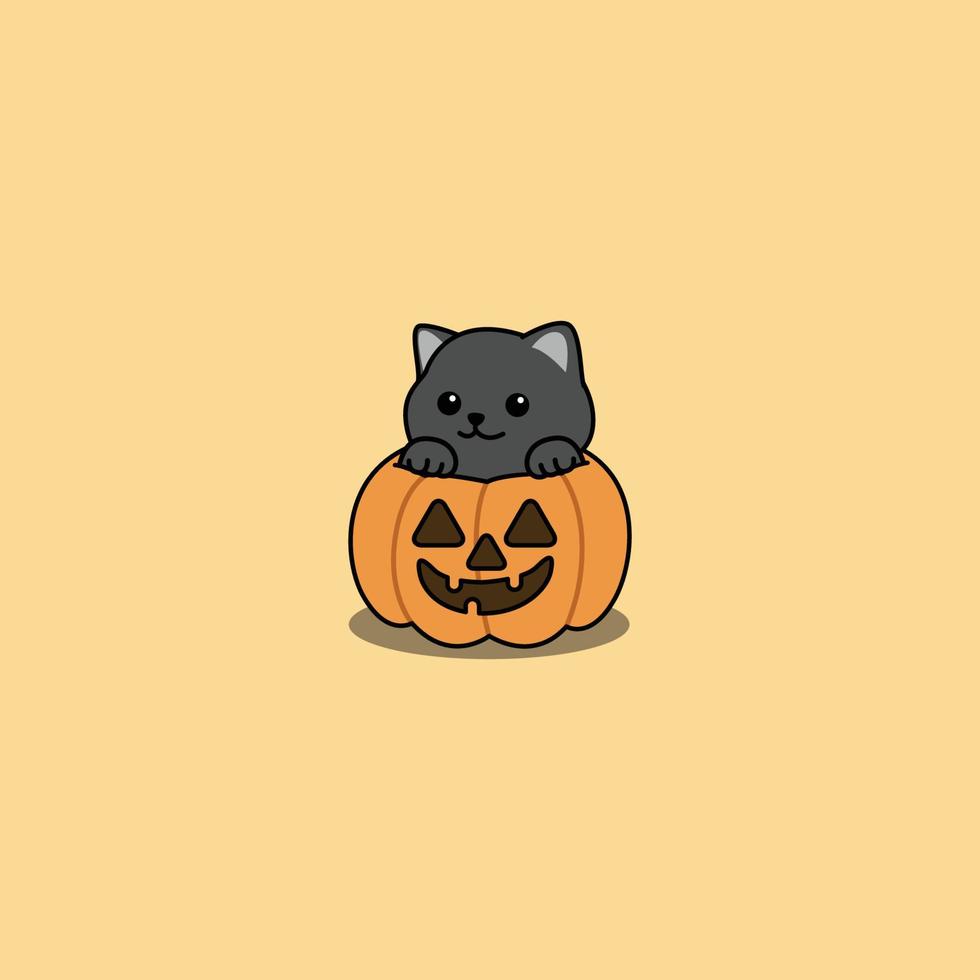 lindo gato preto em desenhos animados de abóbora de halloween, ilustração vetorial vetor