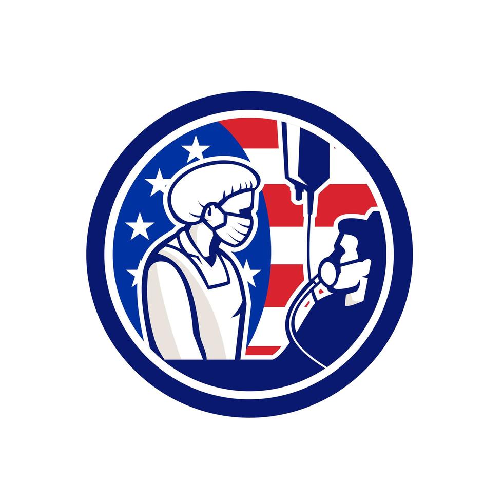 médico americano cuidando do emblema retro do círculo covid-19 do paciente vetor