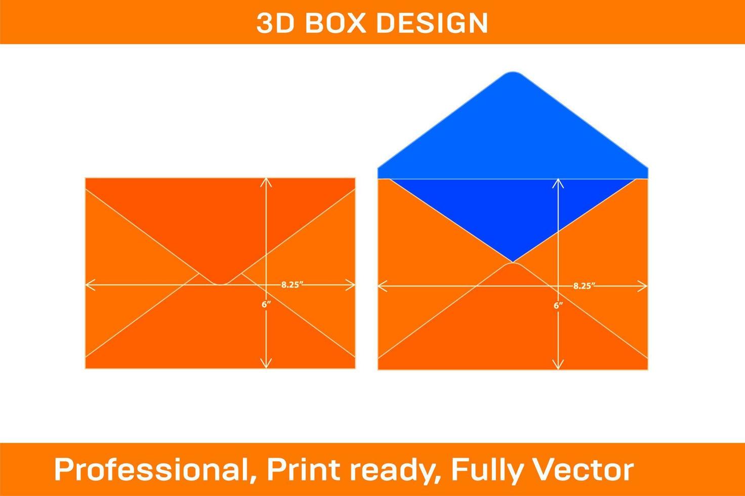 modelo dieline de envelope de aba pontiaguda de embalagem de 6 x 8,25 polegadas e caixa 3d de envelope 3d vetor