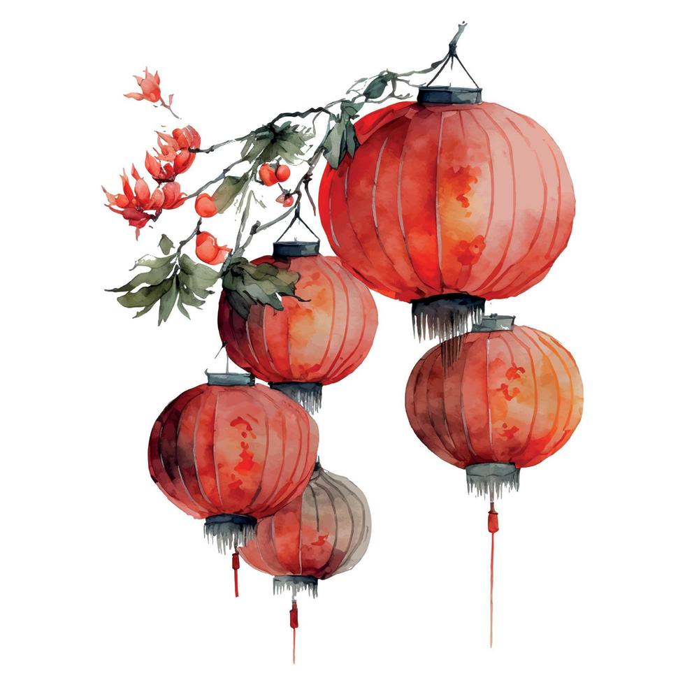 design de cartão vetorial festivo de ano novo chinês em lanternas vermelhas chinesas de fundo aquarela vetor