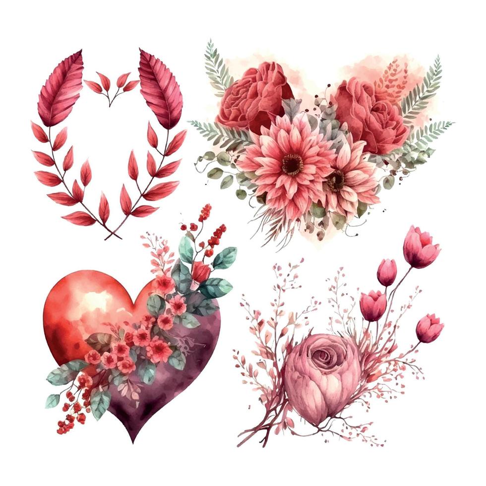dia dos namorados e ilustrações desenhadas à mão em aquarela de casamento. corações diferentes, peônias de flores vermelhas, jarra de corações conjunto de elementos vintage românticos. vetor