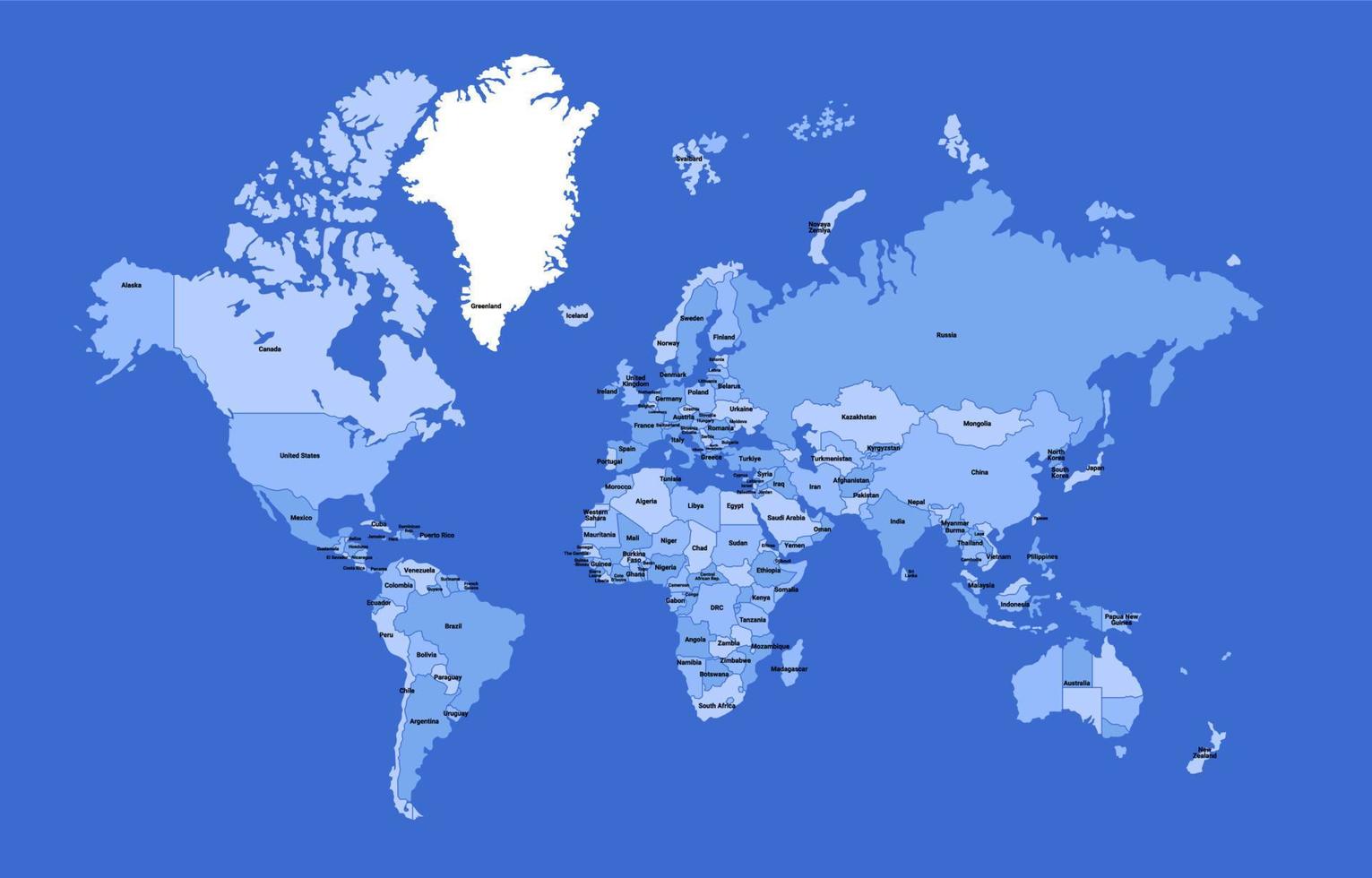 mapa do mundo de cores azuis com os nomes dos países vetor