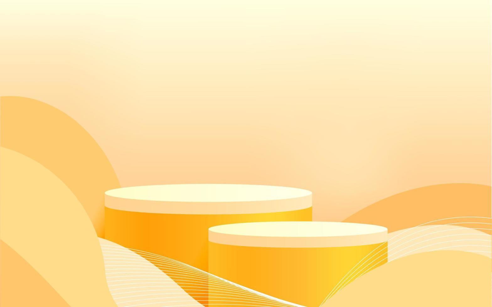 pódio de suporte de cilindro 3d abstrato com decoração de curva de linha amarela. fundo de cena de parede amarela para apresentação de exibição de produto, maquete, vitrine. plataforma de renderização vetorial vetor