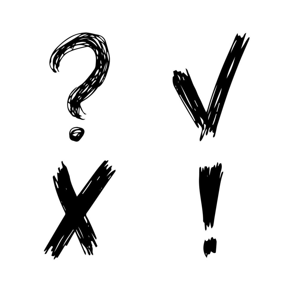 cheque desenhado à mão, cruz, ponto de interrogação e símbolos de ponto de exclamação. conjunto de quatro símbolos de esboço preto. ilustração vetorial vetor