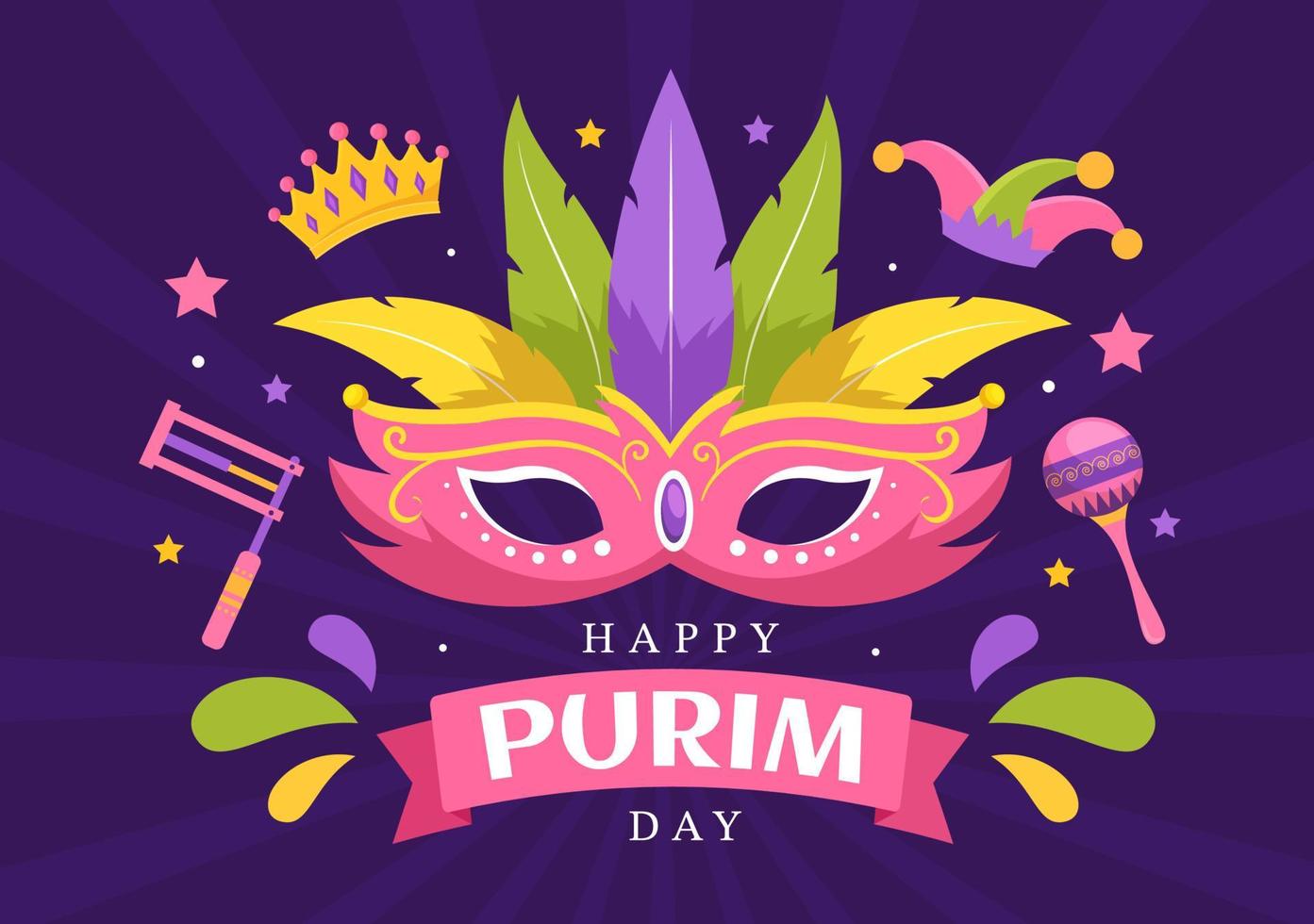 feliz ilustração de purim com máscaras de carnaval, feriado judaico e parque de diversões em cartoon plano desenhado à mão para banner da web ou modelos de página de destino vetor