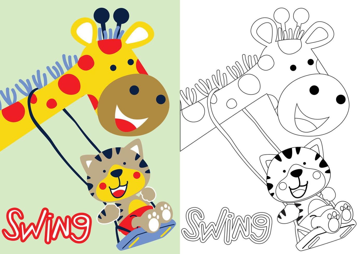 vetor de desenho animado de girafa e tigre jogando swing, livro de colorir ou página