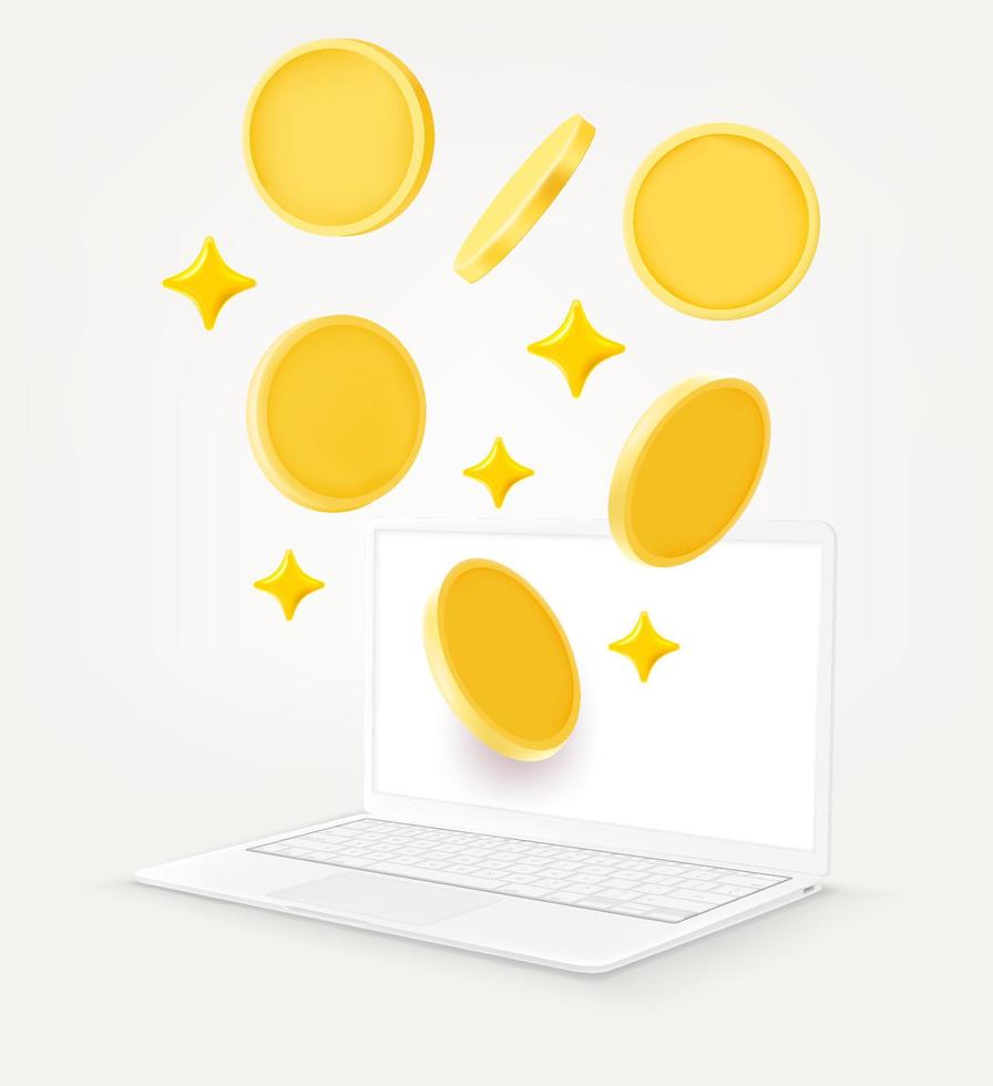 laptop moderno com moedas de ouro. ilustração vetorial 3d isolada no fundo branco vetor