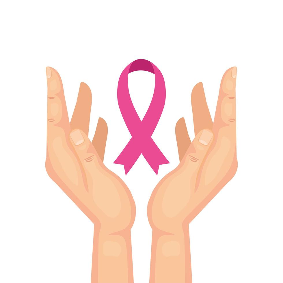 mãos com fita rosa de desenho vetorial para conscientização do câncer de mama vetor