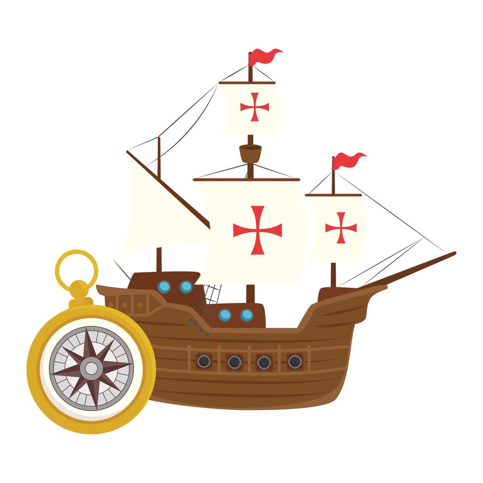 navio columbus com desenho vetorial de bússola de ouro vetor