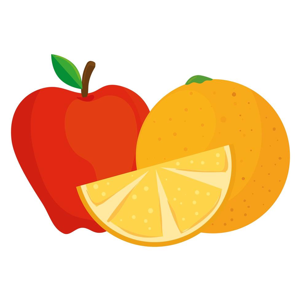 frutas frescas, maçã vermelha e laranja, em fundo branco vetor