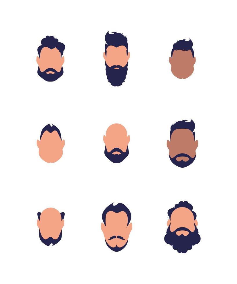 conjunto de rostos de homens de diferentes tipos e nacionalidades. isolado no fundo branco. ilustração vetorial. vetor