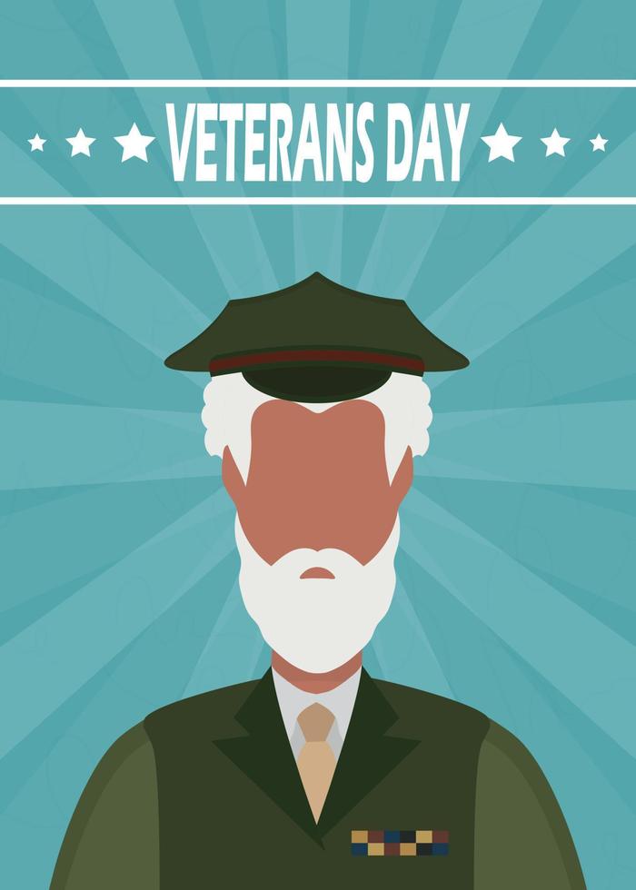 cartão postal do dia dos veteranos. um veterano idoso em uniforme militar. estilo de desenho animado. vetor