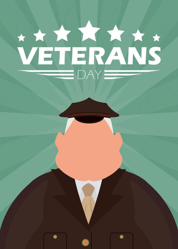 cartão postal do dia dos veteranos. um velho militar de uniforme. estilo de desenho animado. vetor