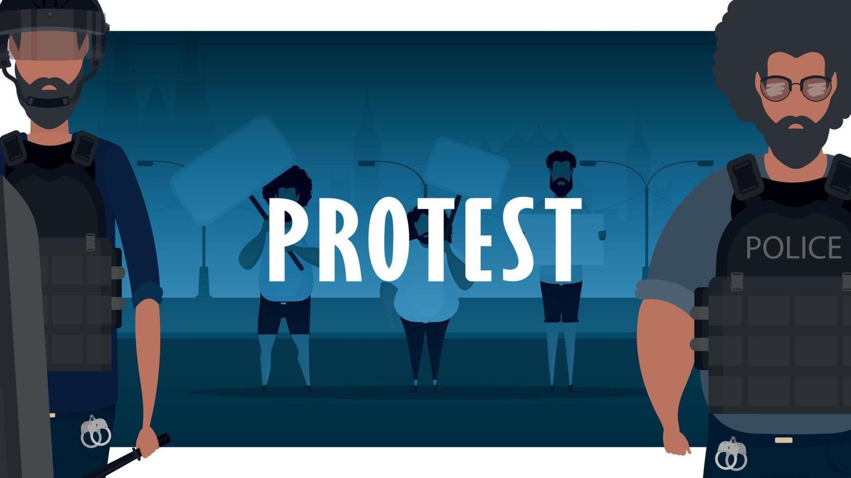 polícia contra o protesto. um grupo de homens com uma bandeira nas mãos tendo como pano de fundo a cidade. estilo de desenho animado. ilustração vetorial. vetor