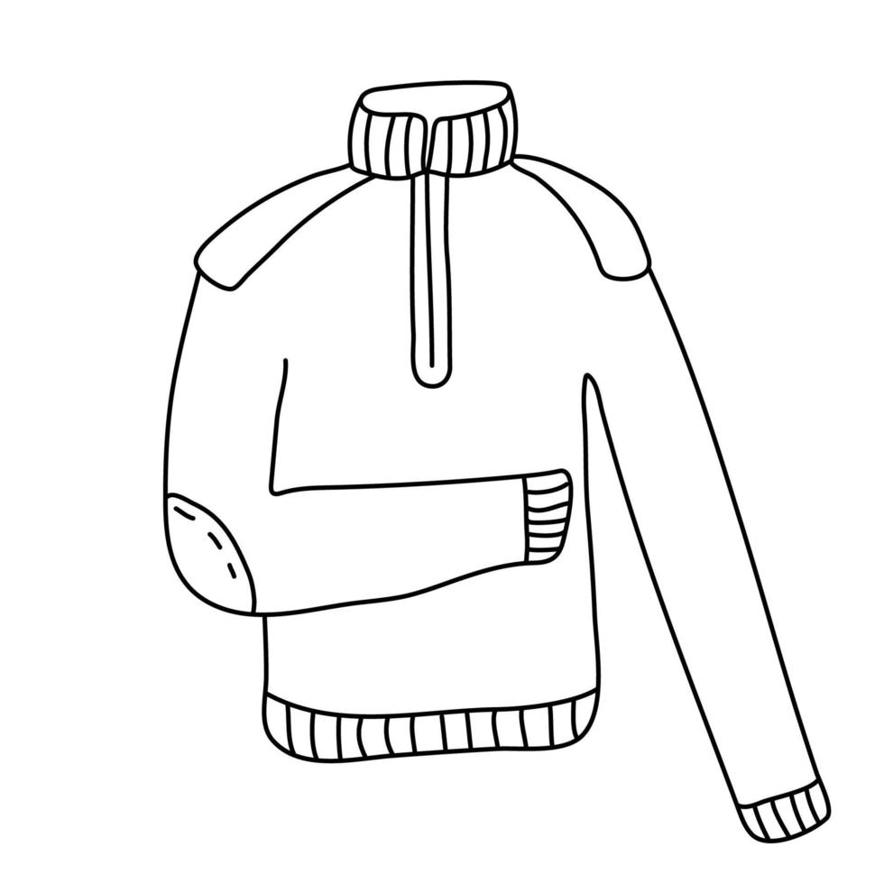 ilustração vetorial desenhada à mão de um suéter de gola alta quente em estilo doodle em fundo branco. contorno preto isolado. roupas de camping e turismo. vetor