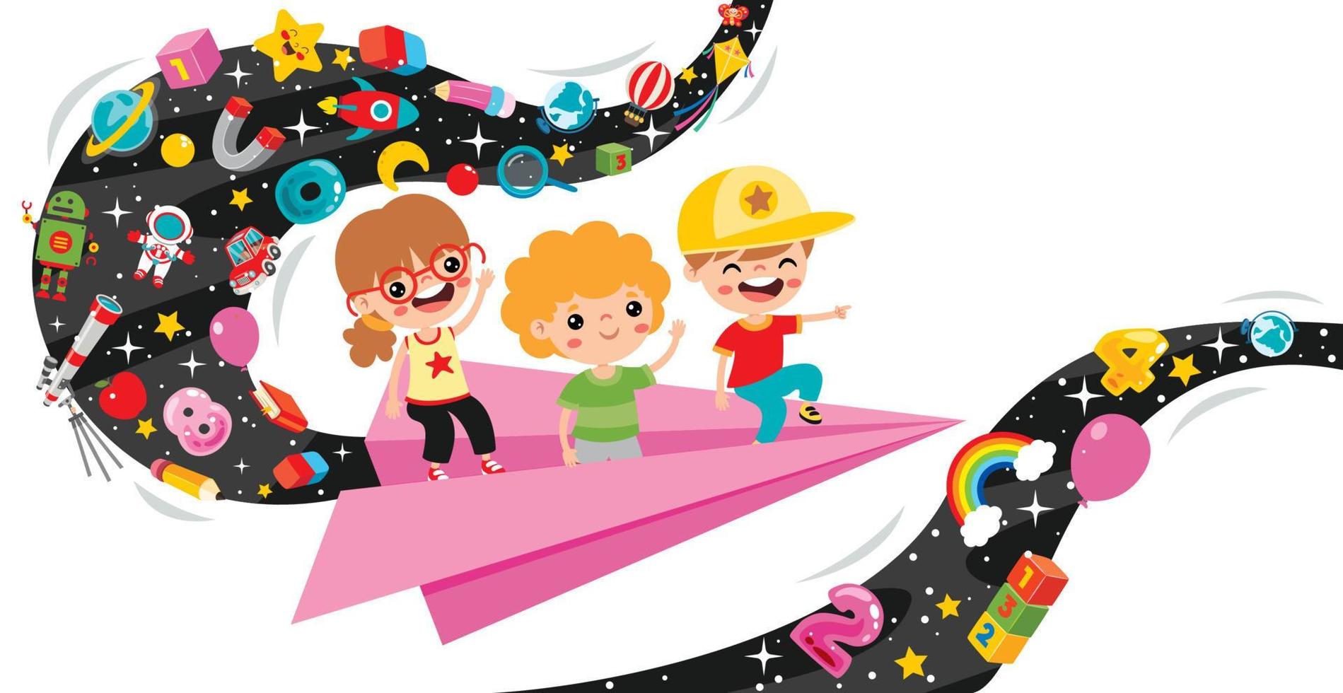 crianças dos desenhos animados voando com avião de papel vetor
