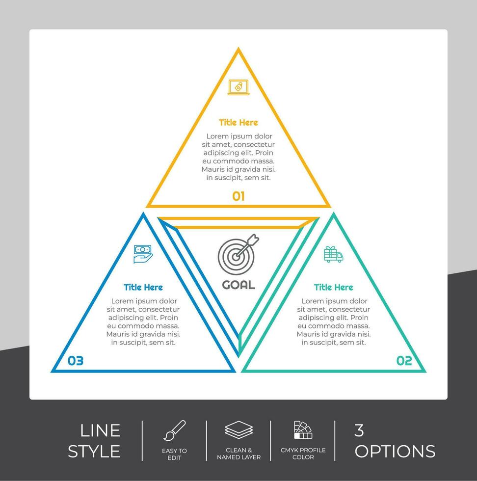 infográfico de opção de negócios de apresentação com estilo de linha e conceito colorido. 3 etapas do infográfico podem ser usadas para fins comerciais. vetor
