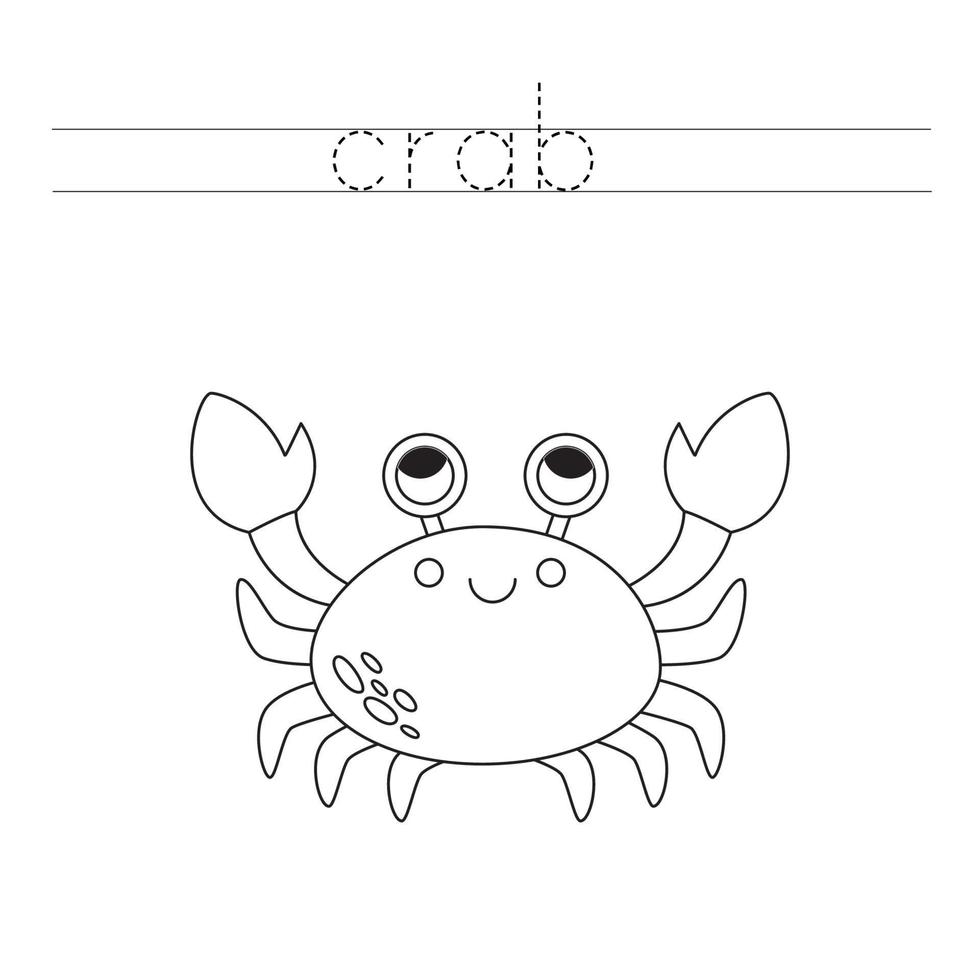 trace as letras e colora o caranguejo dos desenhos animados. prática de caligrafia para crianças. vetor