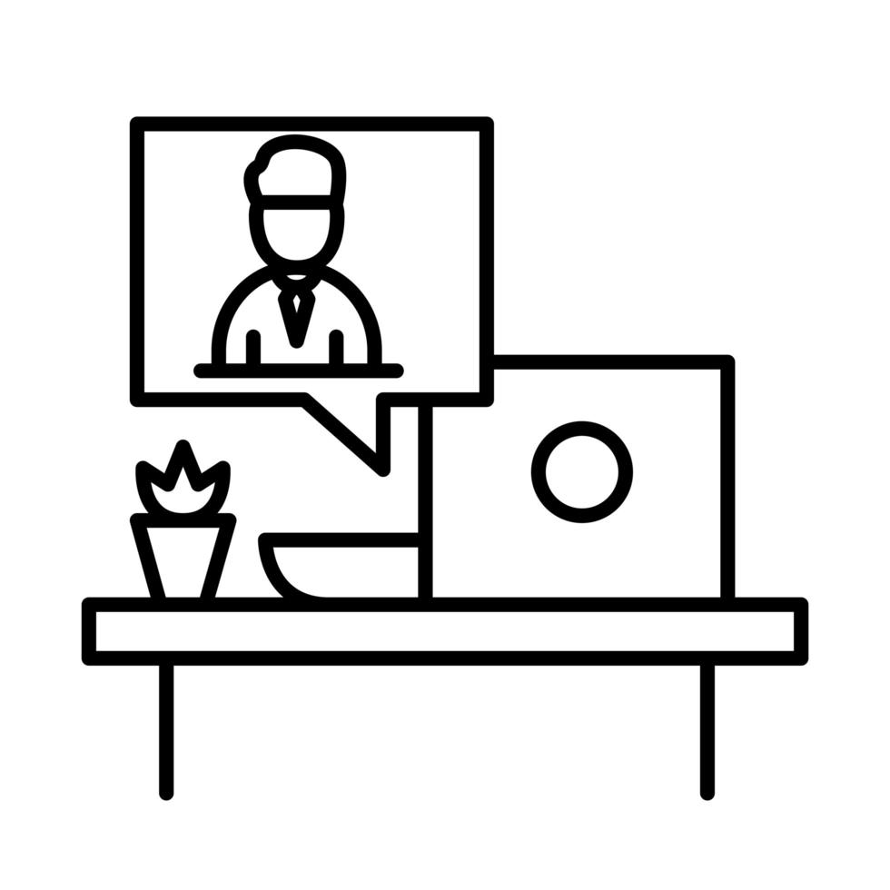 mesa de escritório com laptop e homem em videochat bolha estilo linha ícone vector design