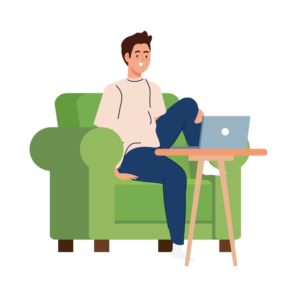 desenho de homem com laptop na cadeira trabalhando desenho vetorial vetor