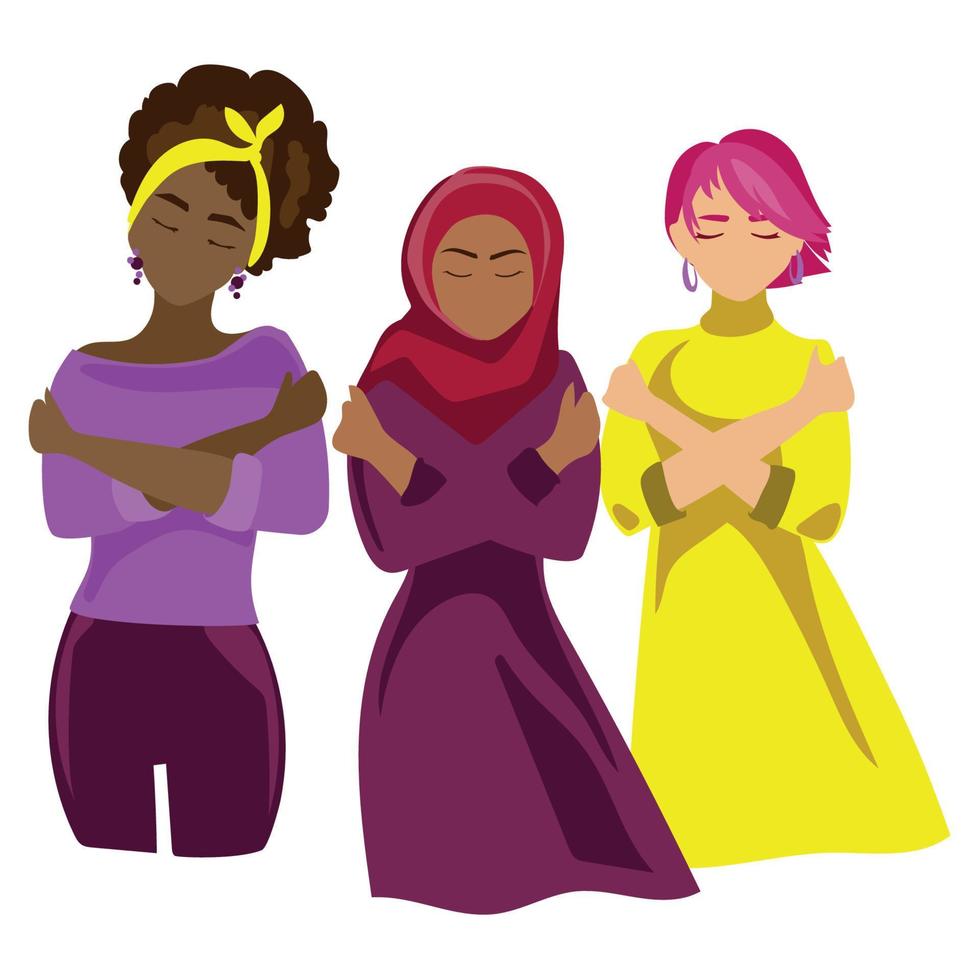 banner do dia da mulher 2023. abraçar o conceito de equidade grupo de diversas mulheres se abraçando, mulheres afro-americanas, muçulmanas e caucasianas. ilustração vetorial. conceito de ativismo abraçar a equidade e o amor próprio vetor
