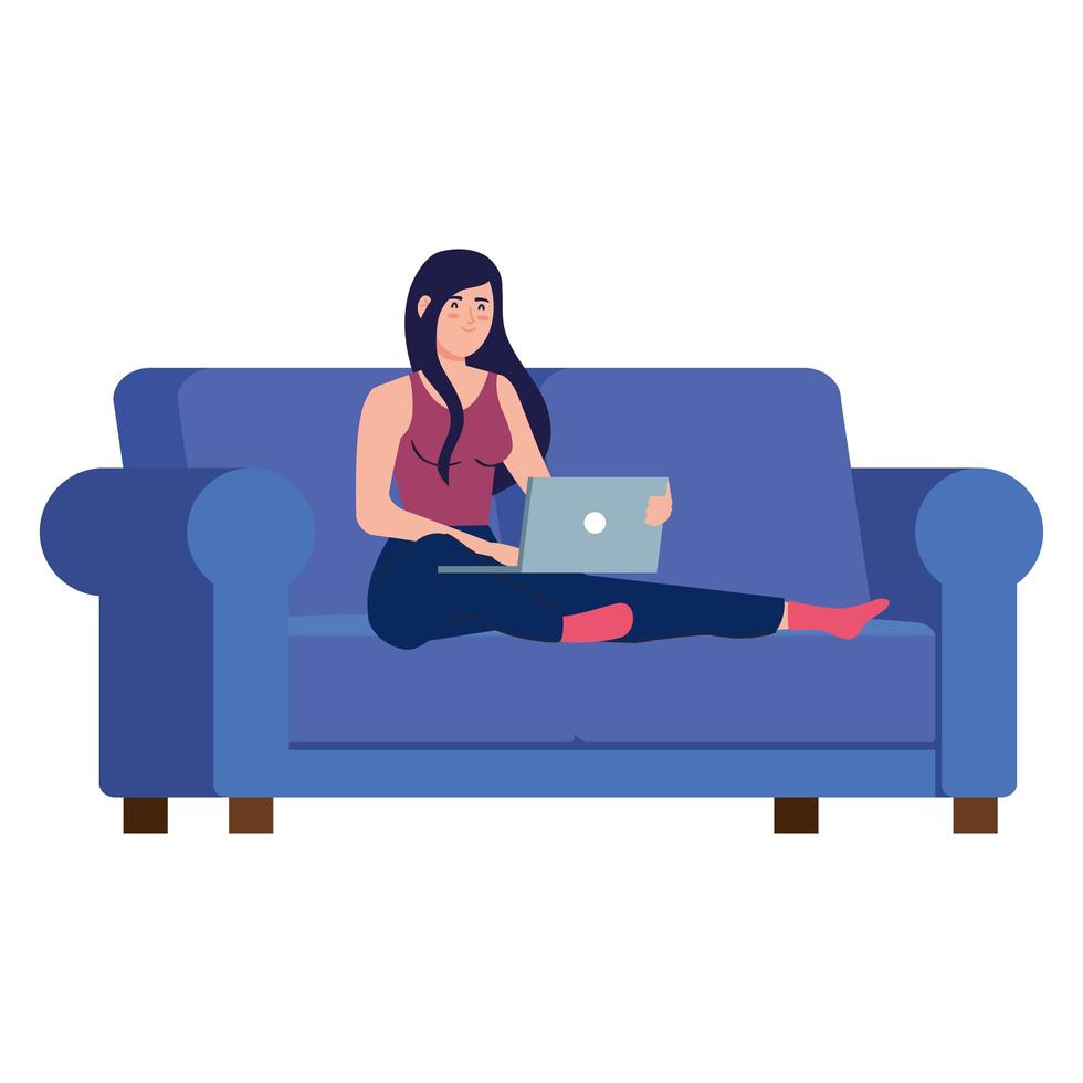 desenho de mulher com laptop no sofá trabalhando desenho vetorial vetor