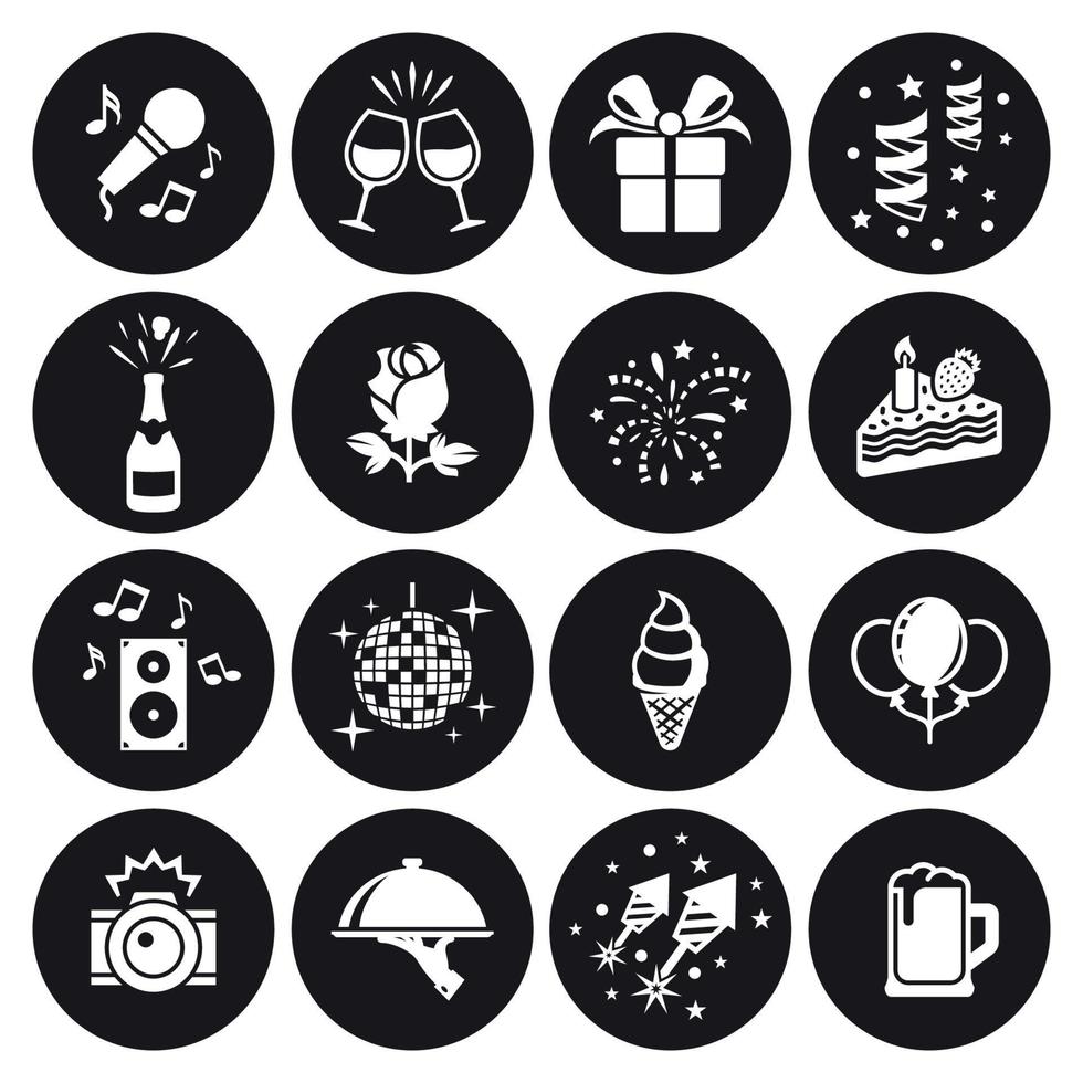 conjunto de ícones de festa e celebração. branco em um fundo preto vetor