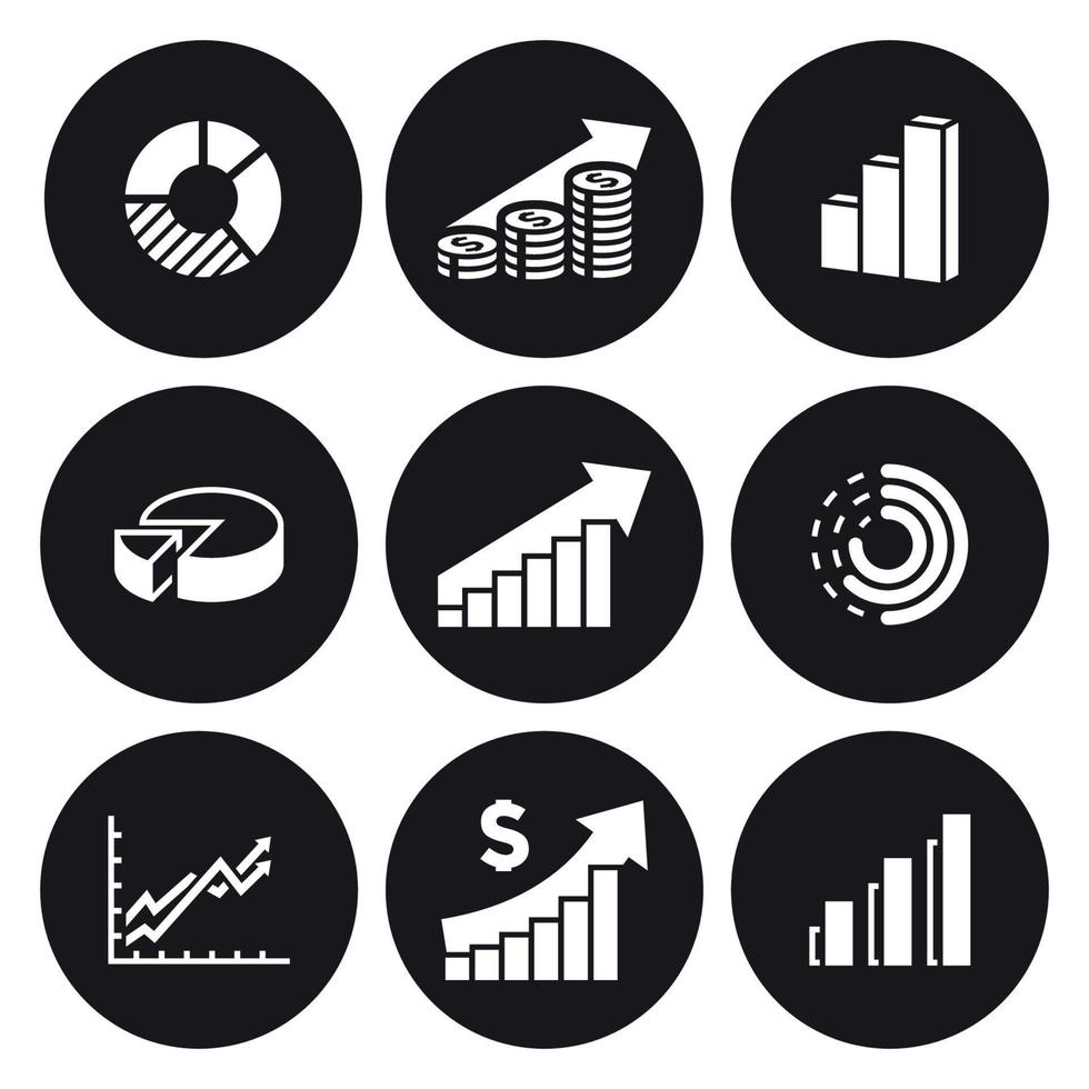 ícones de diagrama e gráficos. branco em um fundo preto vetor