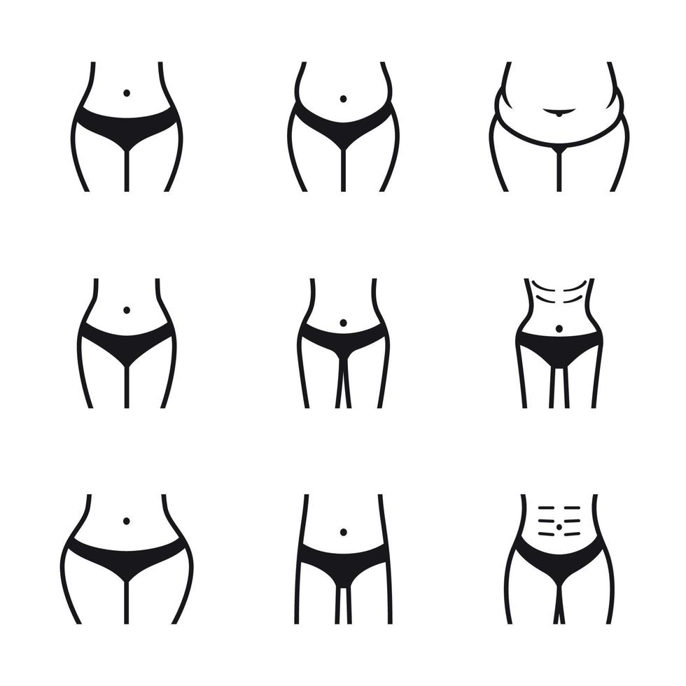 formas do corpo feminino. linha, conjunto de ícones de contorno. preto em um fundo branco vetor