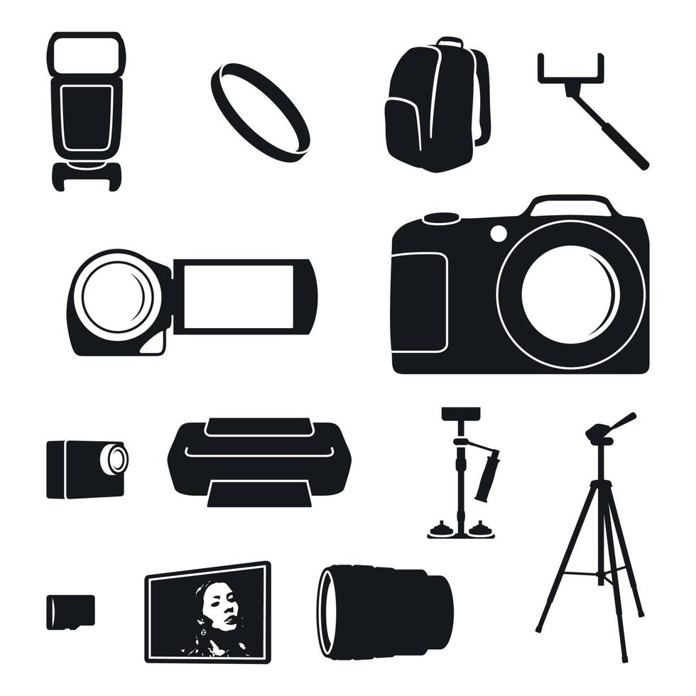 conjunto de ícones em acessórios de tema, mercadorias, equipamentos para silhueta de foto e vídeo em cores cinza vetor