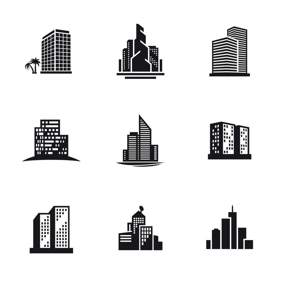 conjunto de ícones de edifícios. preto em um fundo branco vetor