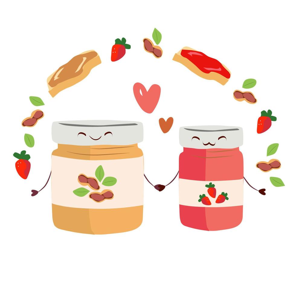 ilustração vetorial para os amantes do dia de manteiga de amendoim e geléia. pão torrado, pote de manteiga de amendoim e geleia de morango. personagens de desenhos animados. vetor