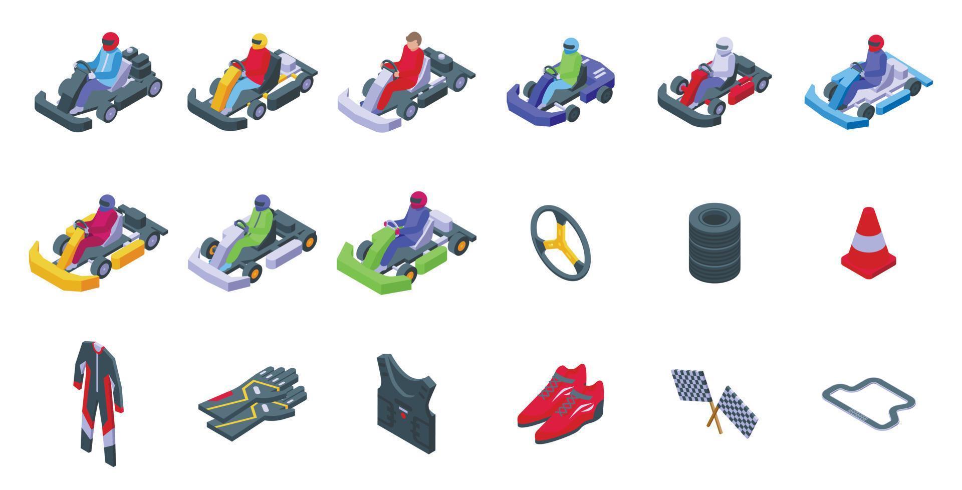ícones de corrida de kart definem vetor isométrico. estrada de carro