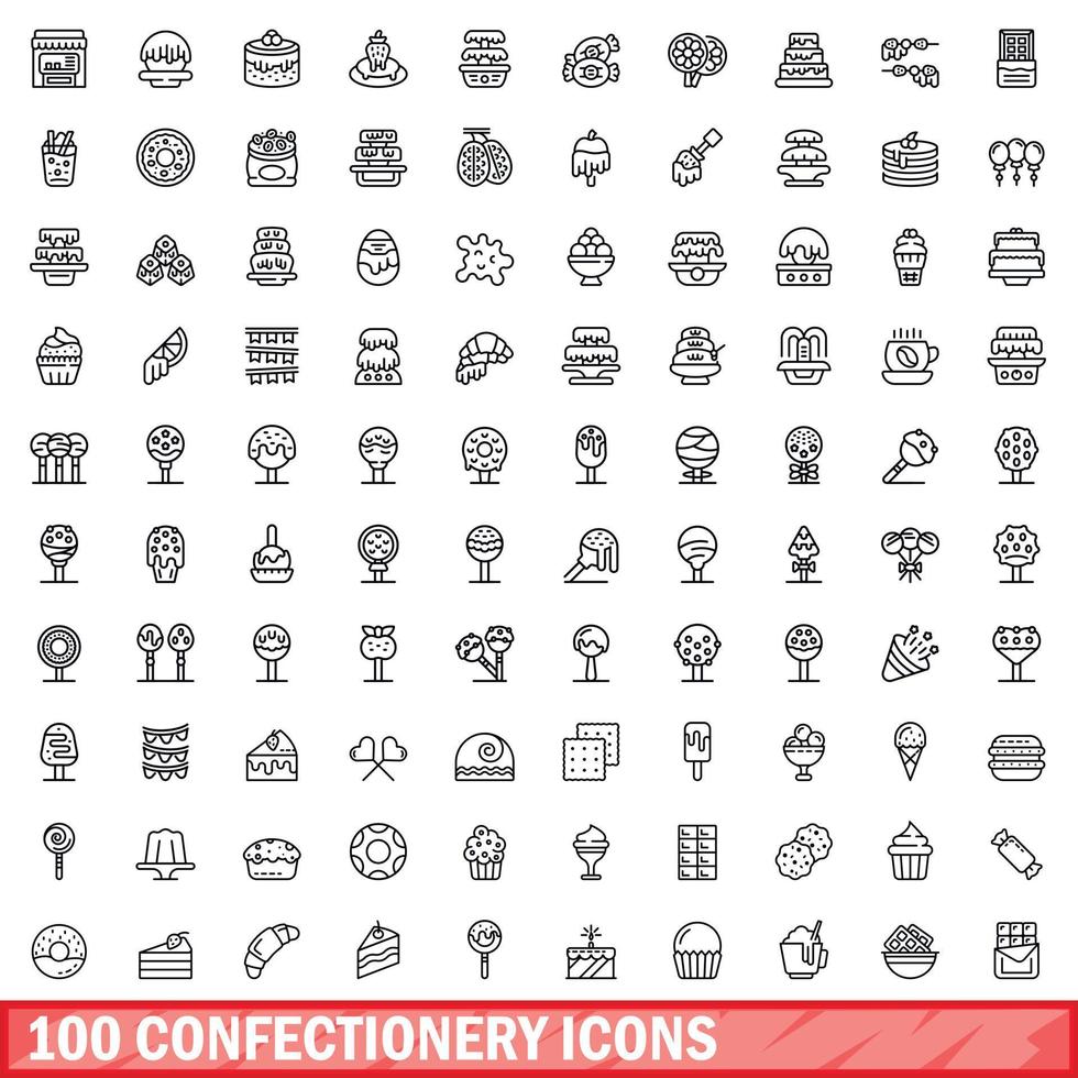 Conjunto de 100 ícones de confeitaria, estilo de estrutura de tópicos vetor