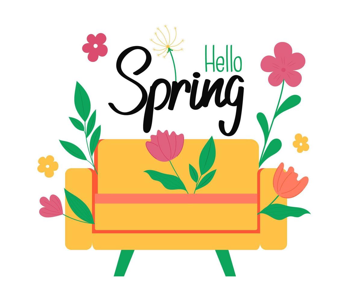 Primavera chegou. flores e cadeira. letras de primavera. as flores crescem de uma cadeira. cartão postal com flores. vetor