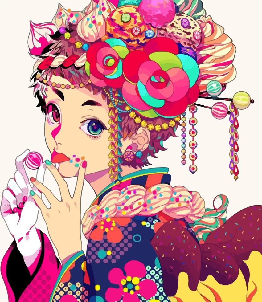 uma ilustração colorida de uma garota de anime feita de doces. vetor