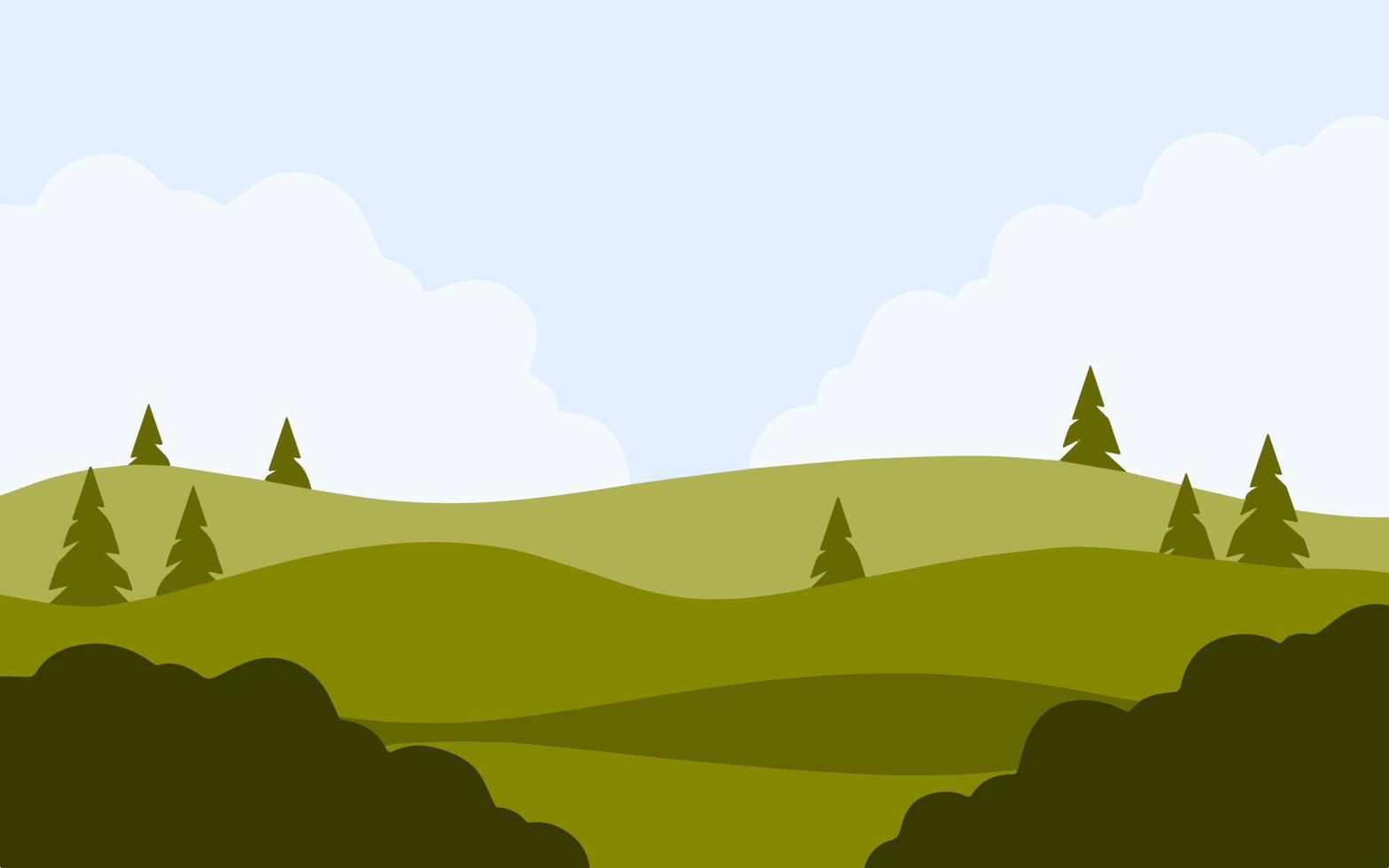 paisagem de verão com colinas verdes. cenário natural. campo com árvores e arbustos. ilustração plana de desenho animado vetor