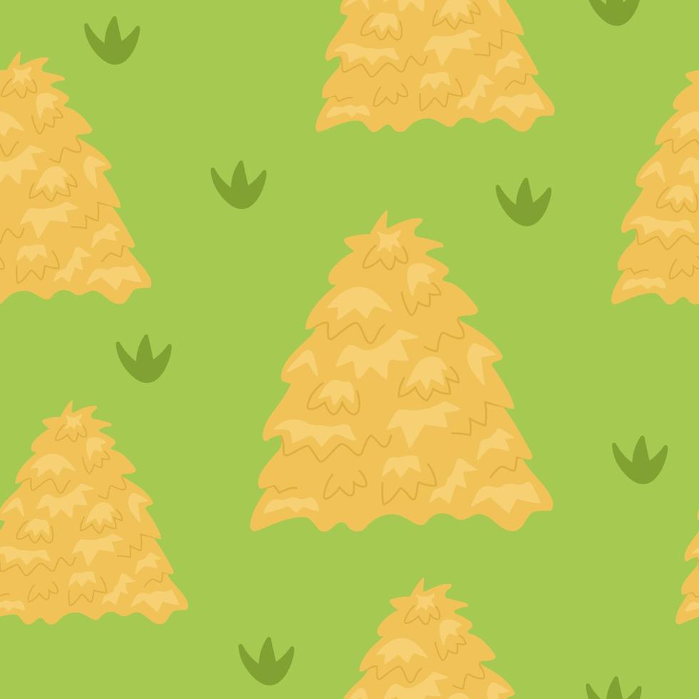 padrão sem emenda de vetor com pilhas de feno amarelo. fundo de repetição de grama de campo cortado de vetor. papel digital de pastagem de fazenda. textura de pilha de palha no pano de fundo verde.