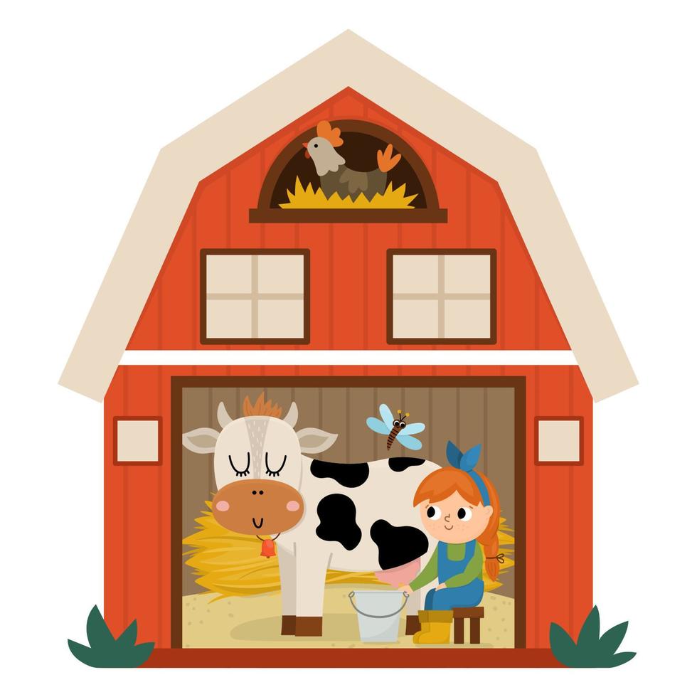 ícone de celeiro de vetor com vaca leiteira menina dentro isolado no fundo branco. ilustração de galpão de fazenda plana. bonito depósito de madeira vermelho com janelas e galinha no ninho. imagem de casinha rural ou de jardim