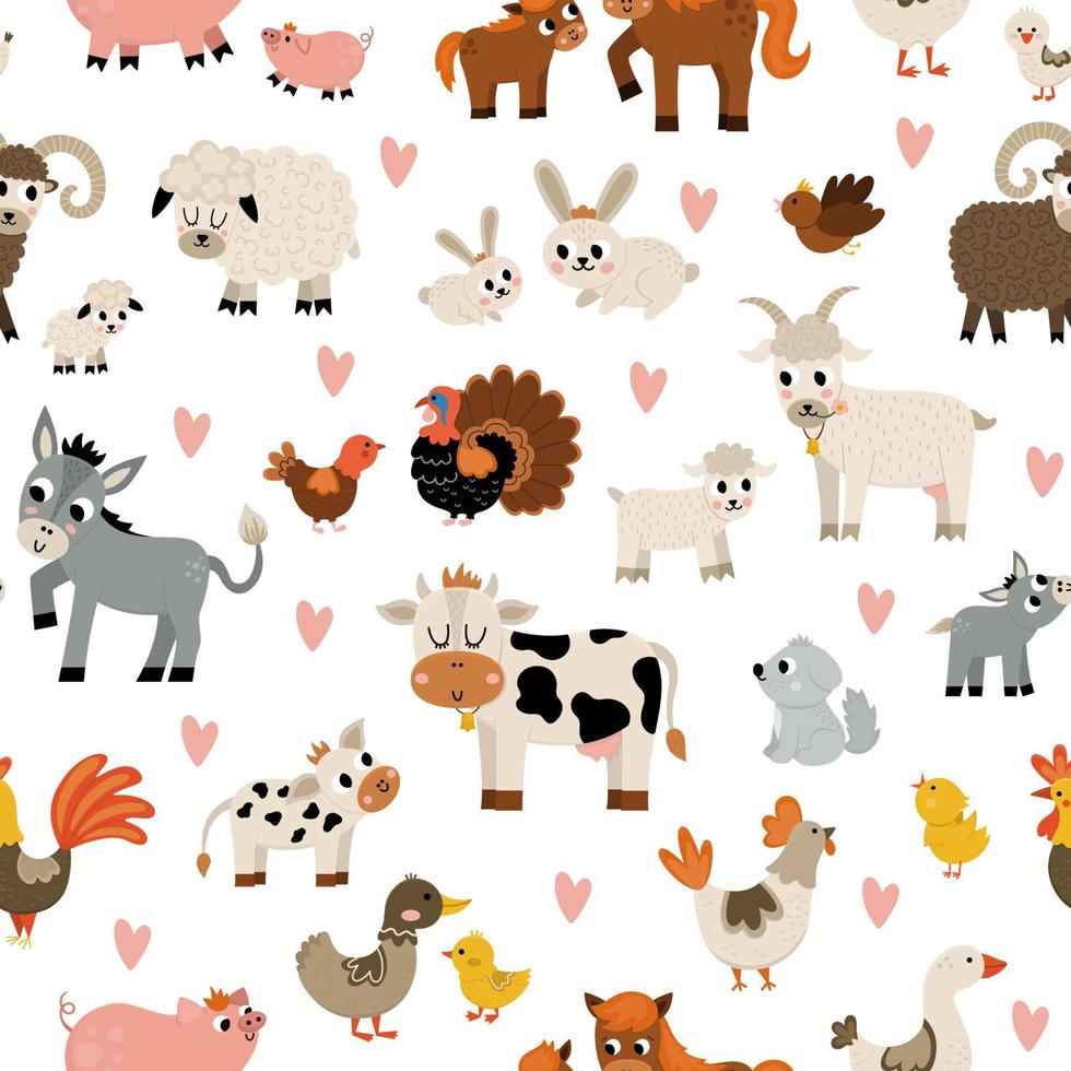 padrão sem emenda de vetor com animais de fazenda e pássaros. repita o fundo com vaca, cavalo, cabra, ovelha, pato, galinha, porco e seus filhos. papel digital bonito da mãe e do bebê. família amor país textura