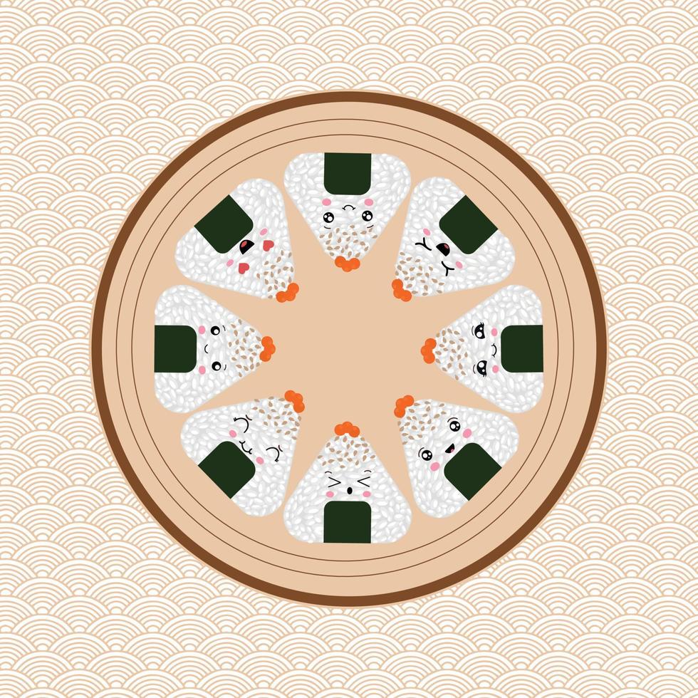 ilustração em vetor de onigiri no estilo kawaii. cozinha tradicional japonesa. estilo plano.