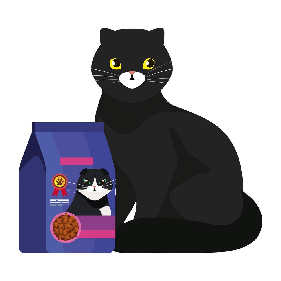 Gato fofo preto com comida no saco isolado ícone vetor