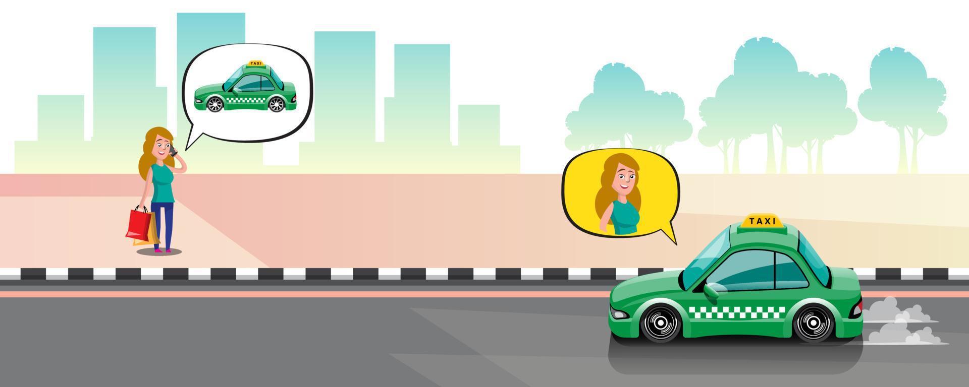 uma mulher chama um táxi por smartphone na cidade. vetor