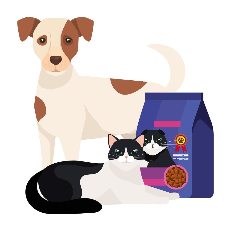 gato e cachorro com comida de saco vetor